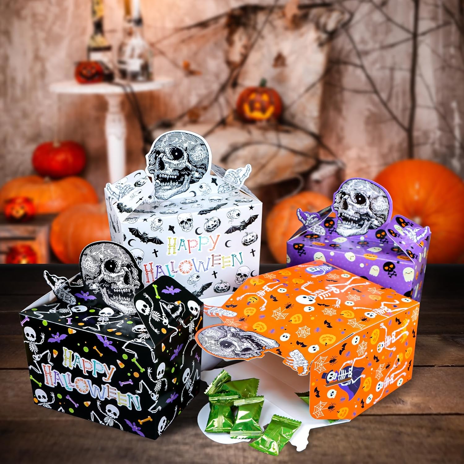Cajas de regalo de Halloween, 24 cajas de regalo de dulces de calaveras para dulce o truco, cajas de fiesta de Halloween, cajas de esqueleto de