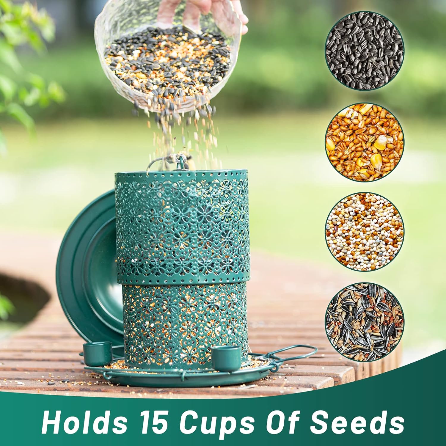 Comedero para pájaros para colgar al aire libre, 7 libras15 tazas de gran capacidad con 3 tazas de agua y percha circular de 360, comedero para