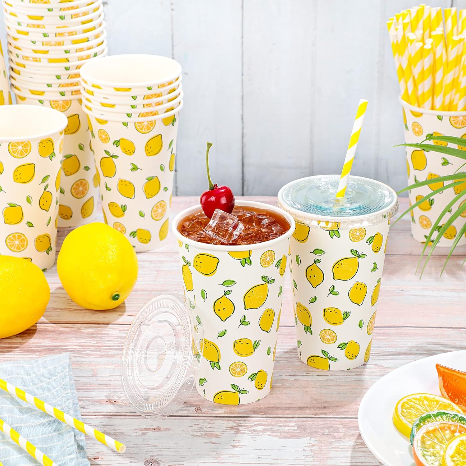 Tessco 150 piezas50 juegos de vasos de limonada con tapas y pajitas de papel, taza de papel desechable de 12 onzas para café helado, tazas de papel