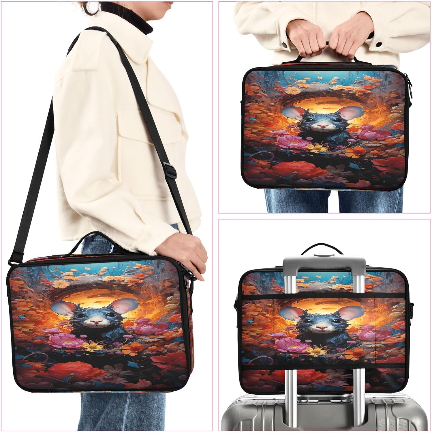 Bolsa de maquillaje de arte de ratón y flor, bolsa de cosméticos portátil, kit de viaje, bolsa organizadora, estuche de tren, bolsa de maquillaje,