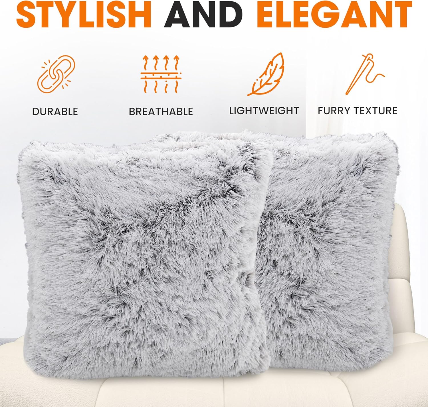 Cheer Collection Juego de 2 almohadas de pelo largo lanudo  Almohadas de piel sintética súper suaves para sofá y cama, lavables a máquina, 20 x 20