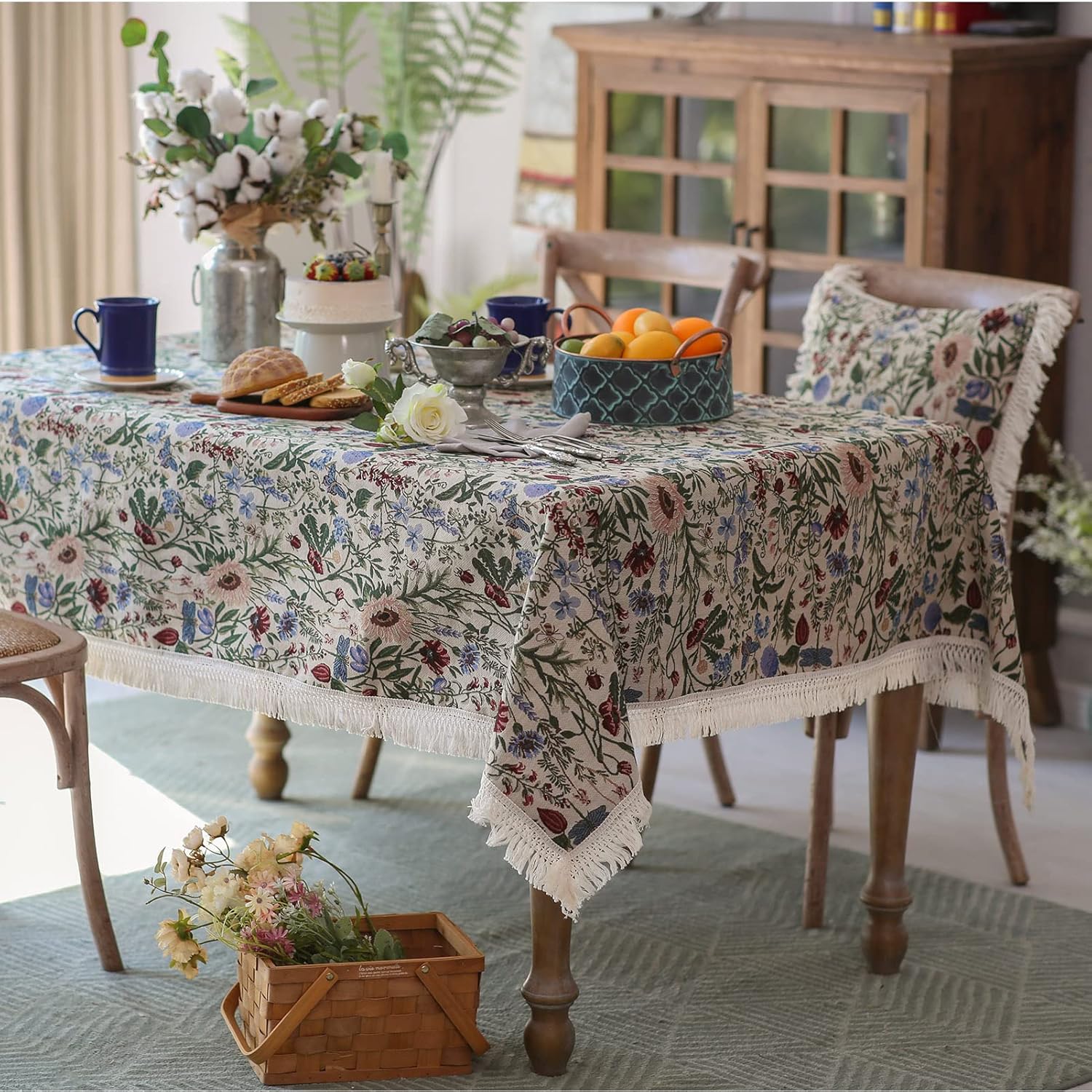 SUTAVIA Mantel floral francés hecho a mano de tela de algodón con encaje vintage con patrón de jardín de bayas de mesa, manta multiusos para el