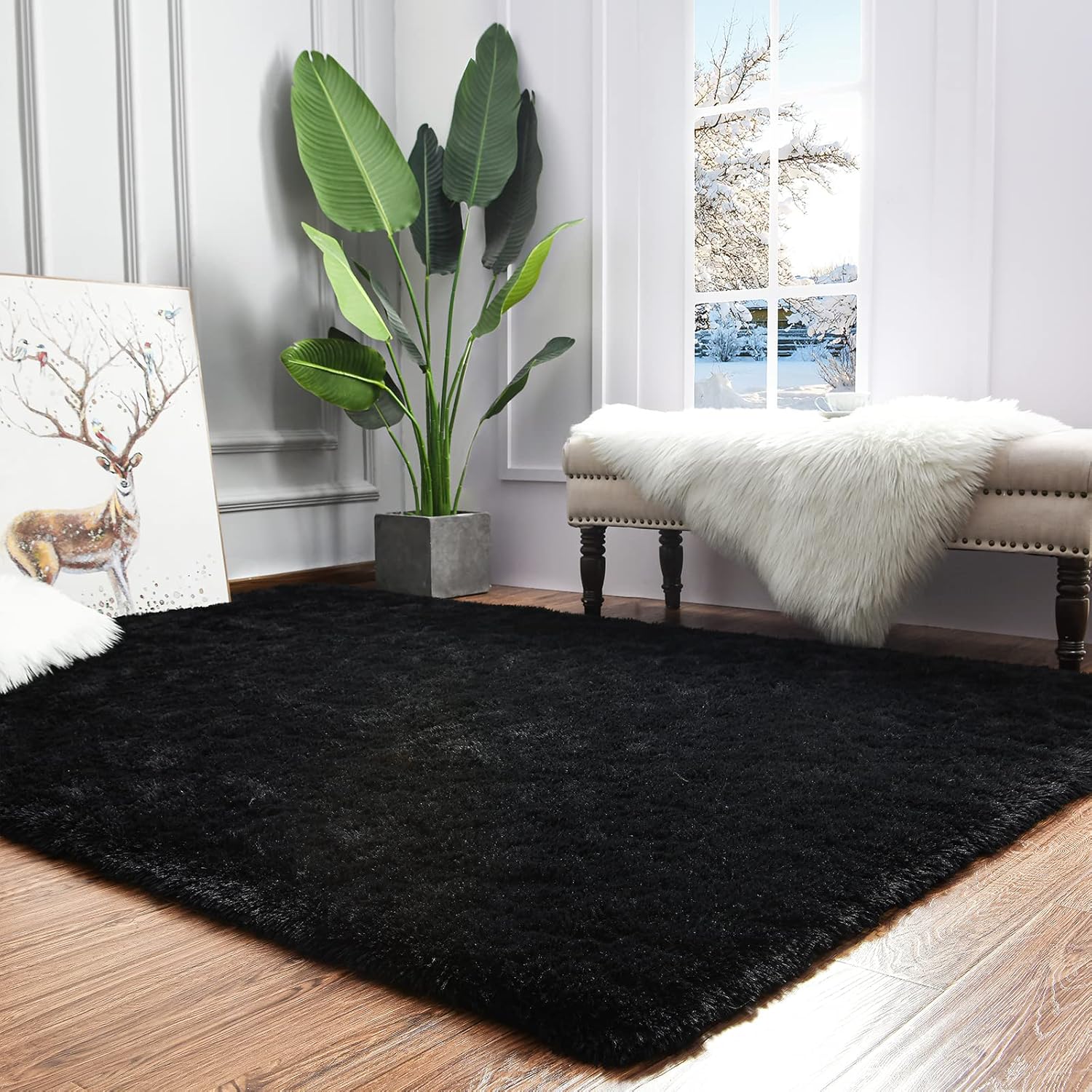Maxsoft Alfombra mullida de pelo largo para dormitorio, alfombra negra de 6 x 9 pies, para sala de estar, guardería, mesita de noche, alfombra de