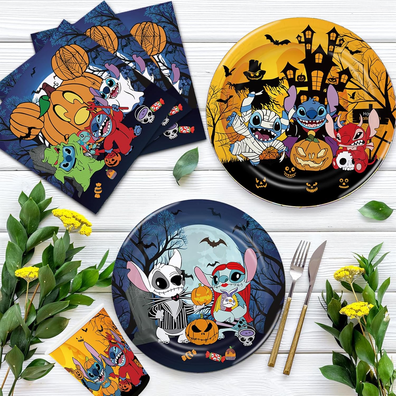 Stitch Suministros de fiesta de cumpleaños de Halloween, decoraciones de fiesta de Halloween, incluye tazas, platos, servilletas para Halloween,