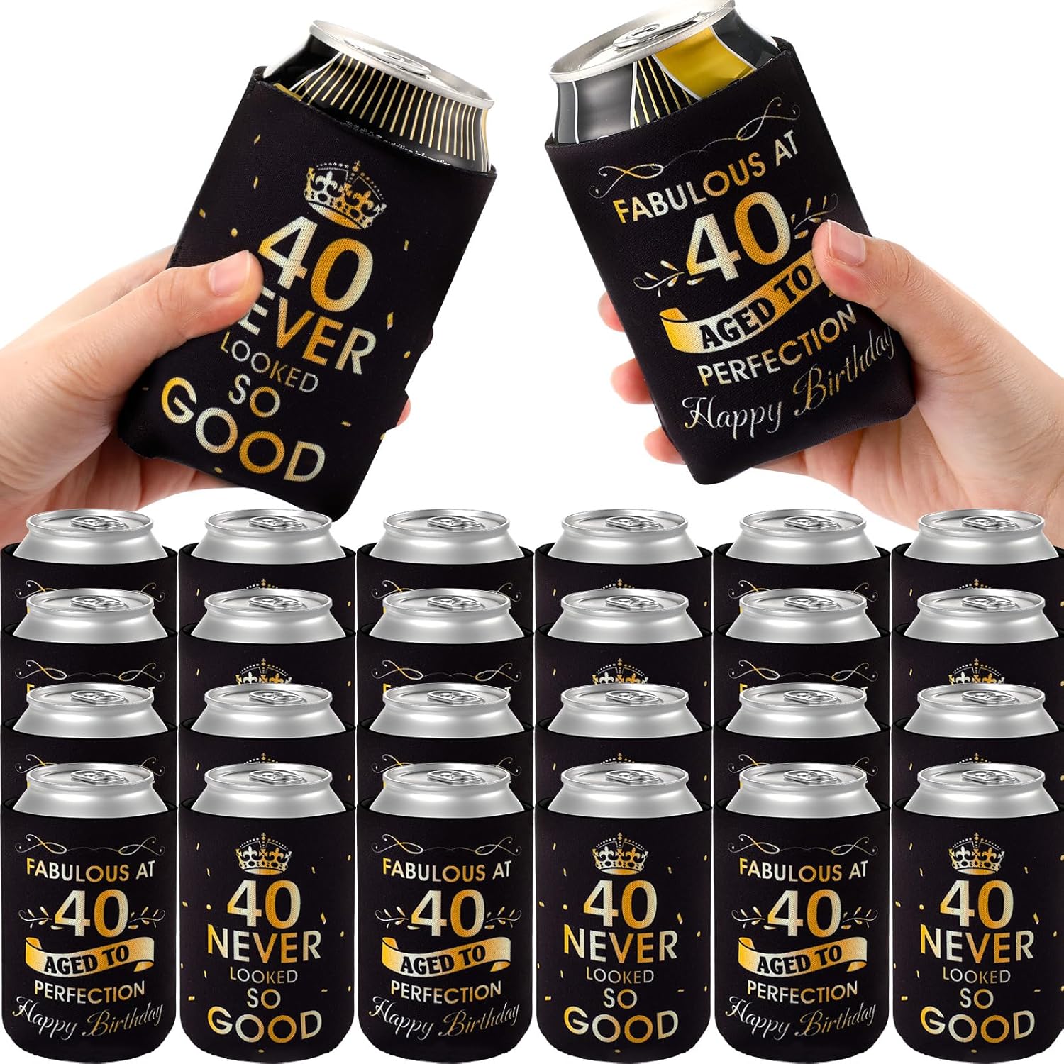 24 piezas de fabulosas decoraciones de cumpleaños 40 para fiestas de cumpleaños de 40 cumpleaños, fundas enfriadoras de latas de bebidas nunca se