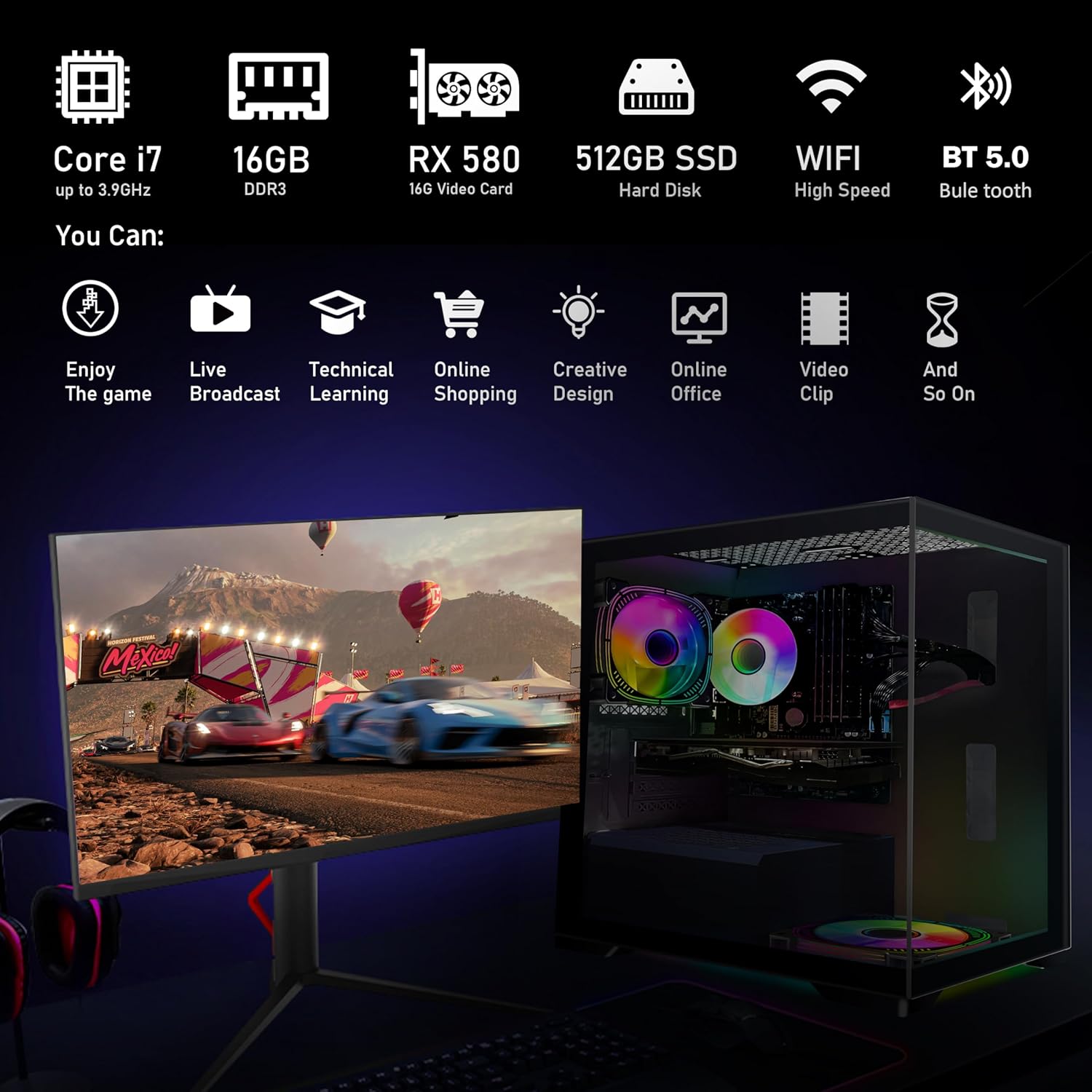 STGAubron PC de escritorio para juegos, Intel Core i7 3.4G hasta 3.9G, 16G RAM, 512G SSD, Radeon RX 580 16G GDDR5, 600M WiFi, BT 5.0, ventilador RGB