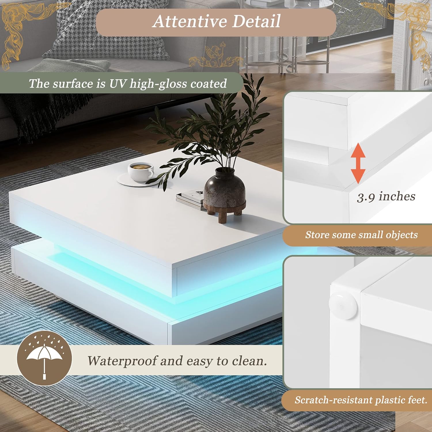 Mesa de centro cuadrada moderna, mesa de cóctel de 2 niveles con iluminación LED y control remoto, mesa central de alto brillo para sala de estar