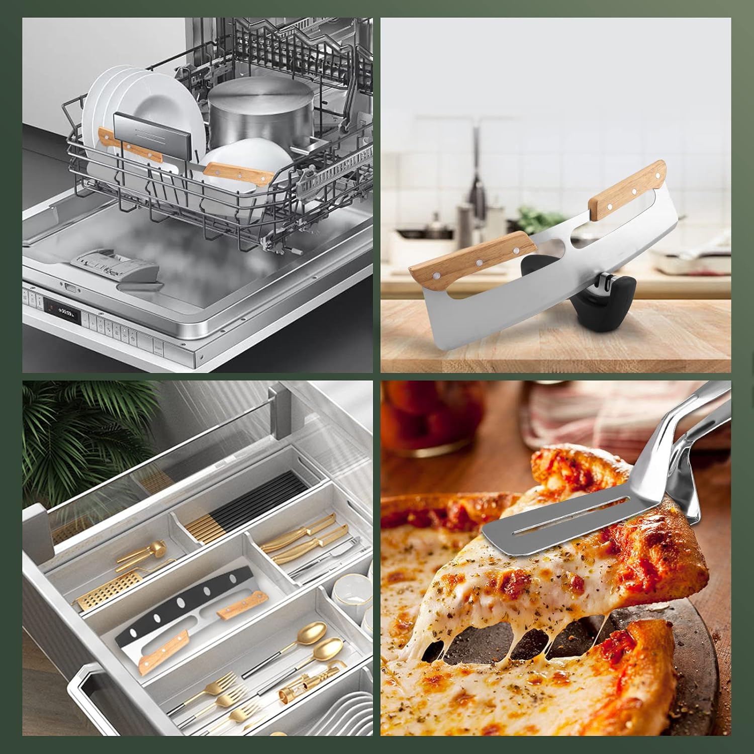 Cuchilla basculante para cortador de pizza de 14 pulgadas con mango de madera, rueda para rebanar pizza, cuchillo grande de acero inoxidable con