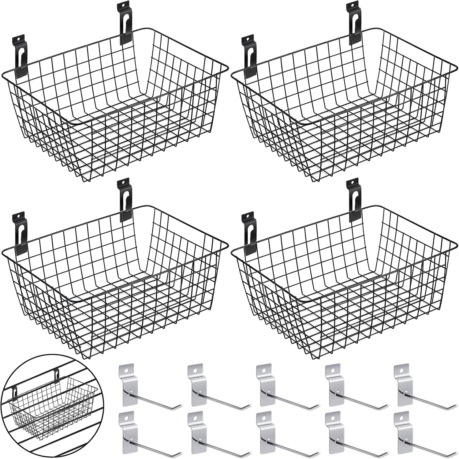 4 cestas de pared con ganchos de Slatwall, cestas de pared, cestas de almacenamiento colgantes, cestas de metal, cubos de Slatwall, ganchos para