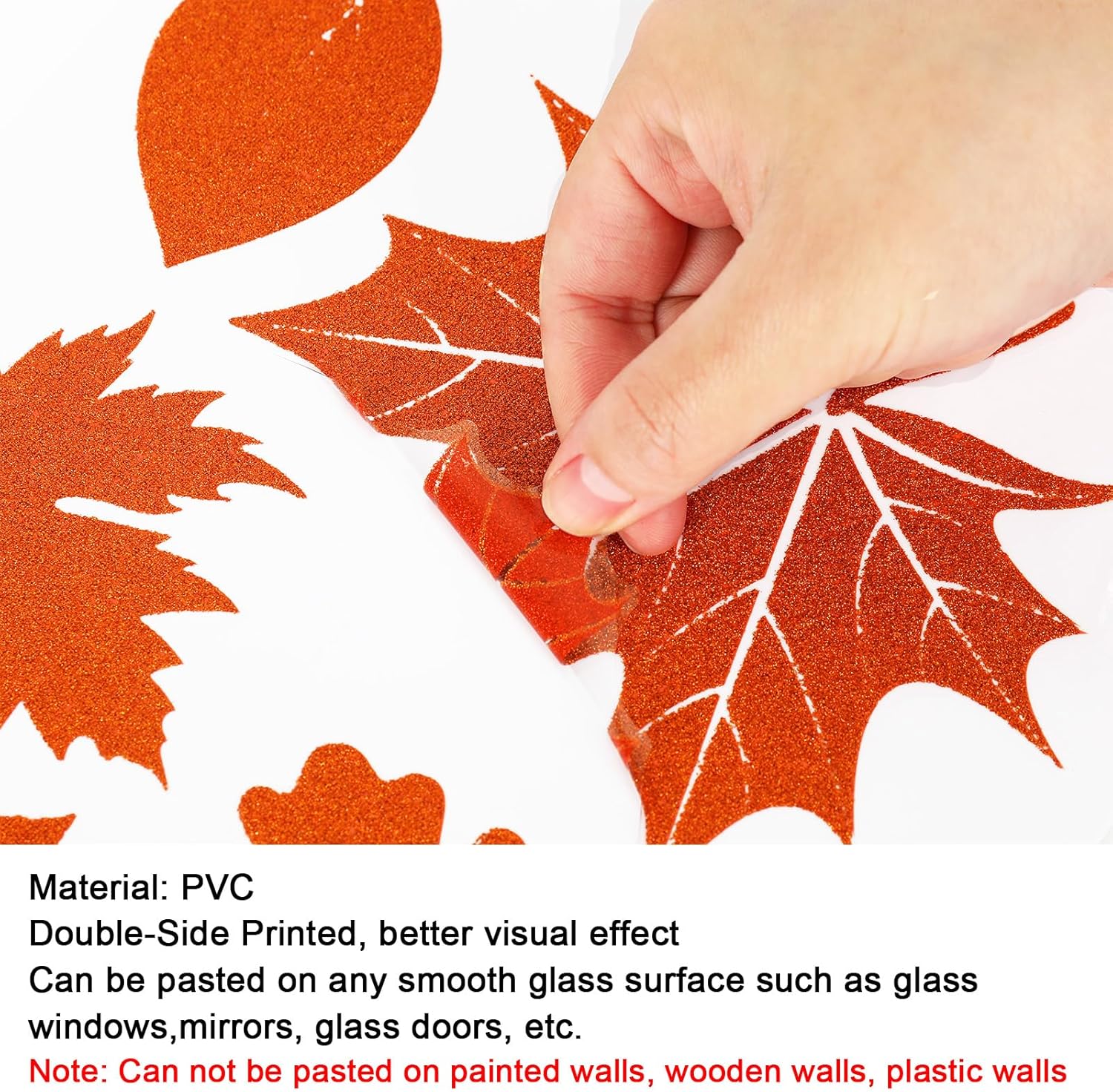Whaline 105 calcomanías de ventana de hojas de arce con purpurina de otoño, coloridas calcomanías de ventana de doble cara para otoño, cosecha de
