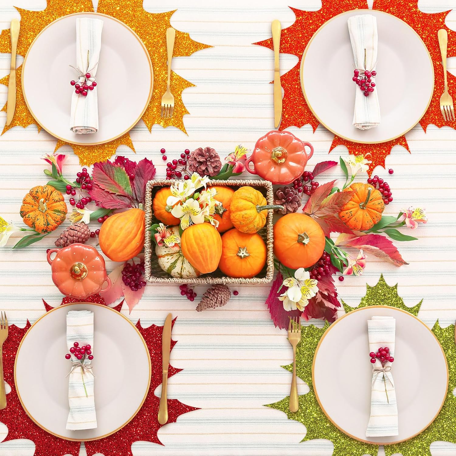 AnyDesign 60 manteles individuales de papel de hoja de arce otoñal, desechables, con purpurina, decorativos, coloridos, hojas de otoño, cosecha,