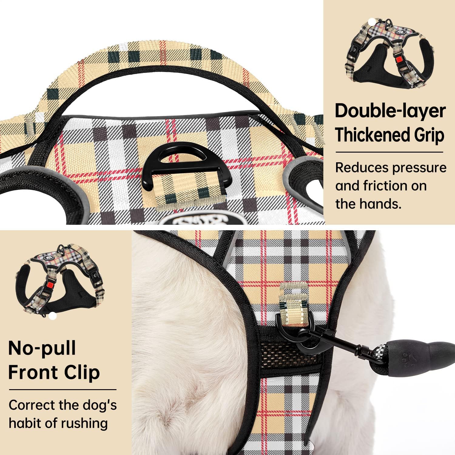 IVY&LANE Arnés sin tirones para perros grandes, arnés de chaleco reflectante de 360 con 2 clips para correa, 3 hebillas a presión, chaleco acolchado
