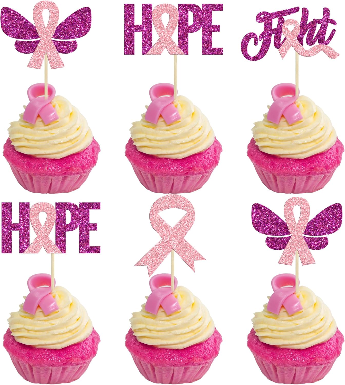 Gyufise 24 piezas de adornos para cupcakes con purpurina para concientización sobre el cáncer de mama, mariposa, lucha, esperanza, beliveve, cinta
