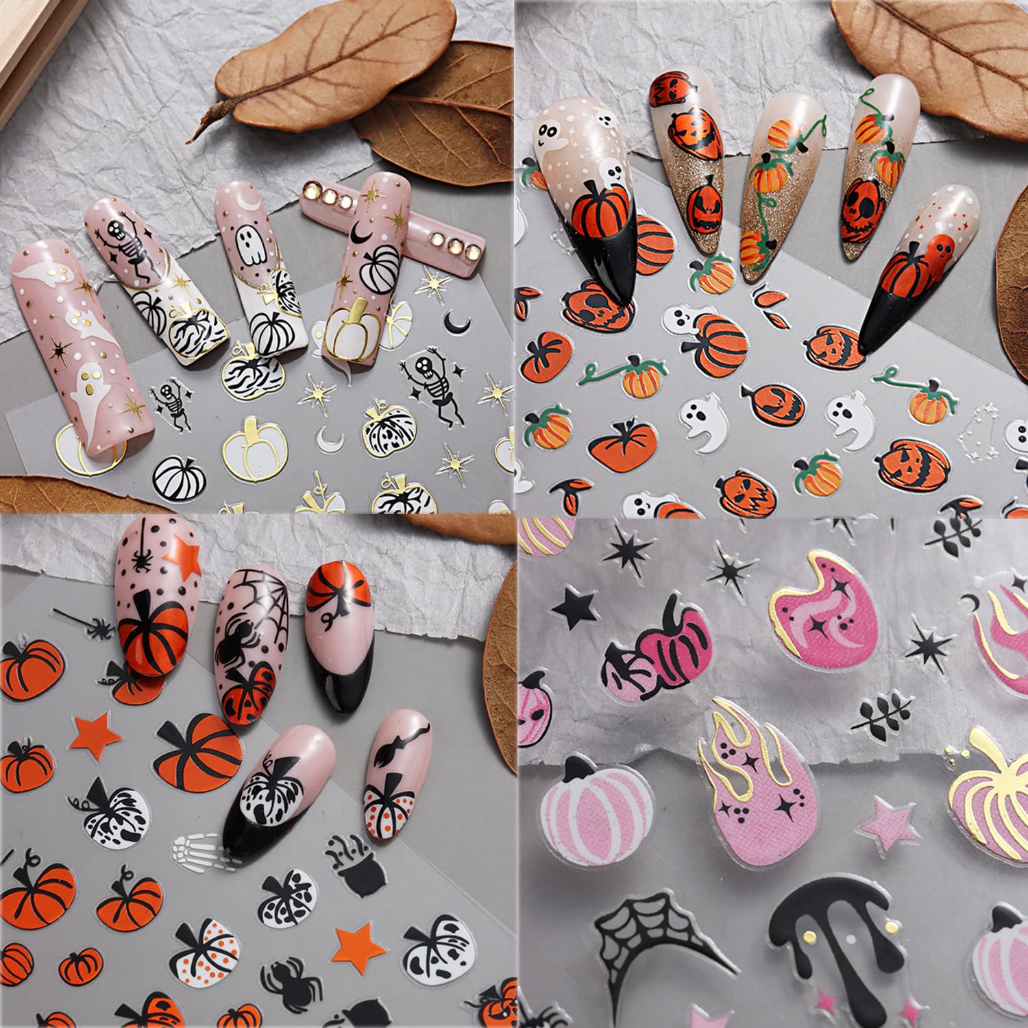 Calcomanías de arte de uñas de Halloween 3D, autoadhesivas, para Halloween, telaraña, murciélago, fantasma, calabaza, diseños de uñas, suministros