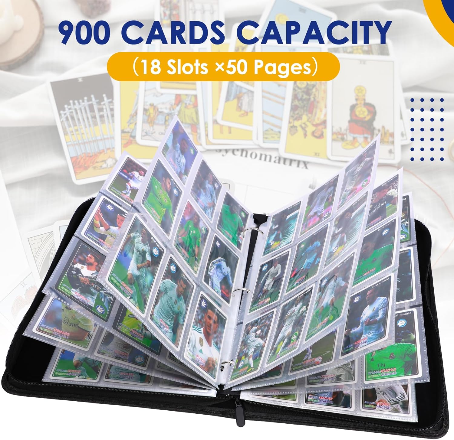 Carpeta de tarjetas intercambiables, carpeta de tarjetas de béisbol de piel sintética con 900 bolsillos laterales de carga, carpeta de tarjetas con
