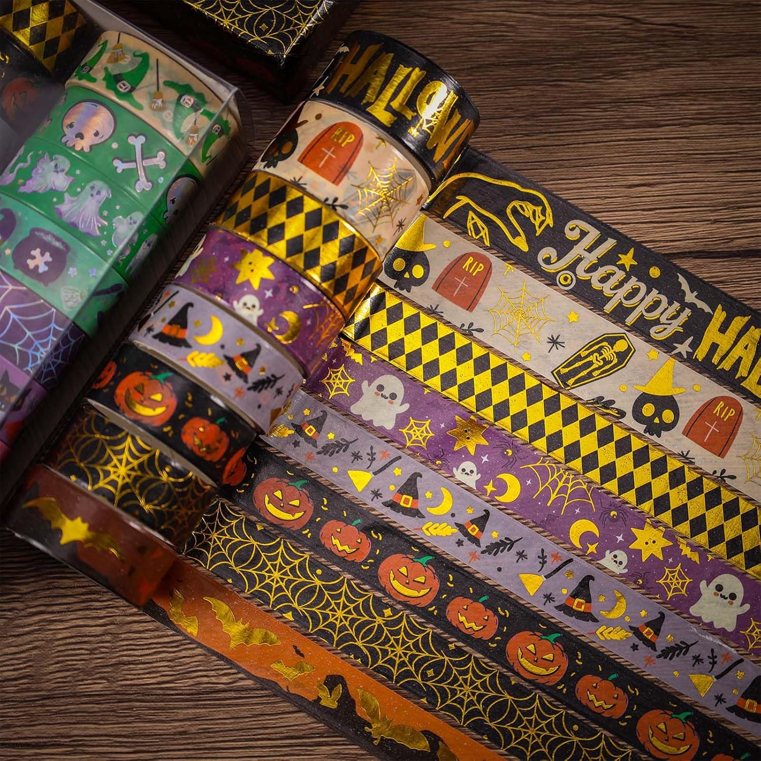 AEBORN Juego de cintas Washi de Halloween, 16 rollos de cintas decorativas de lámina dorada con gato, calabaza, fantasma, bruja, perfecto para