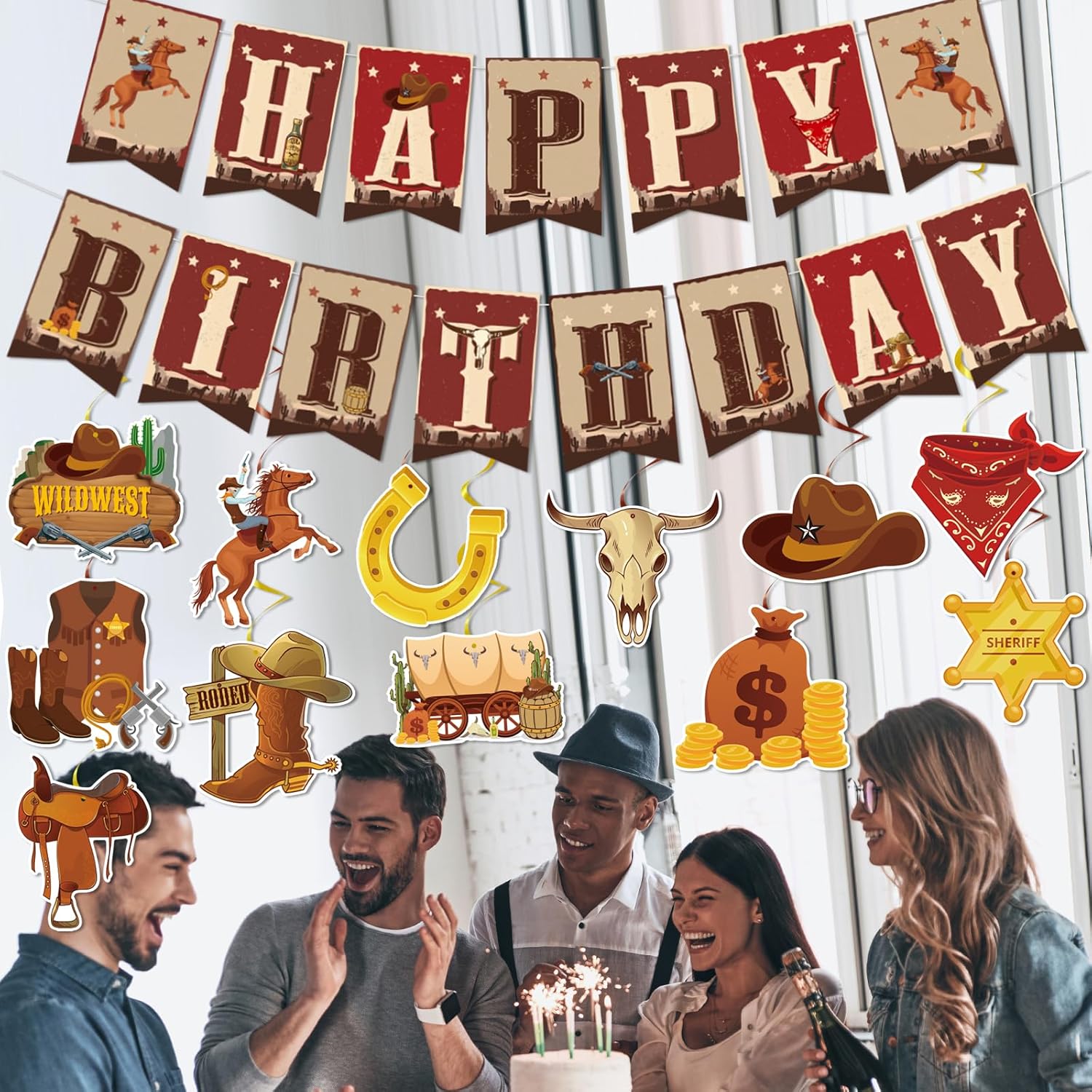 Decoraciones de fiesta de cumpleaños de vaquero, 29 piezas de remolinos colgantes occidentales, decoraciones de fiesta de cumpleaños, remolinos