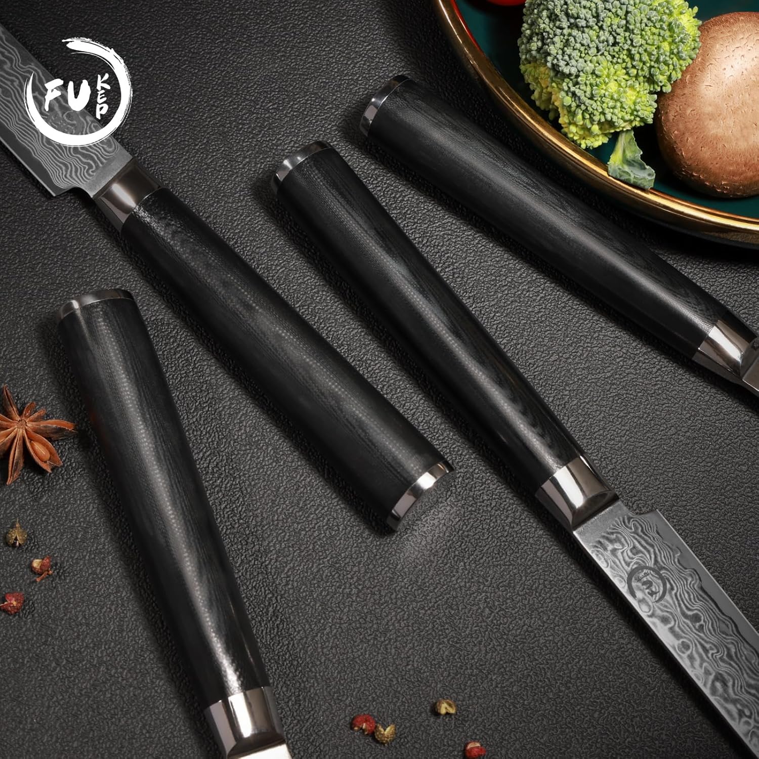 Fukep Juego de 4 cuchillos para carne, súper afilados de 5 pulgadas, juego de cuchillos de carne de damasco japoneses VG10 con núcleo de acero de 73