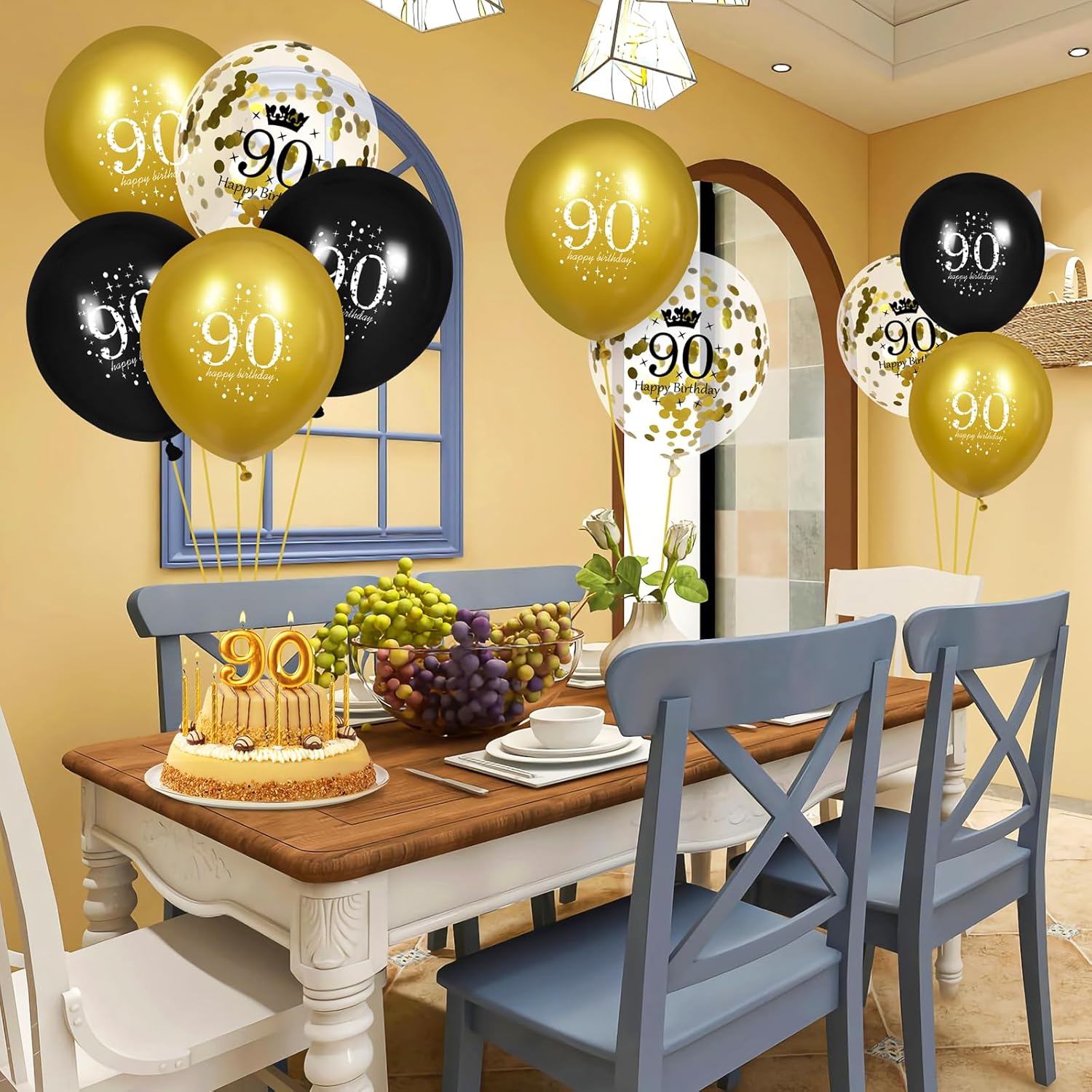 Globos de cumpleaños de 90 años para hombres, 15 globos de feliz cumpleaños de 90 años, globos negros y dorados para decoración de fiesta de