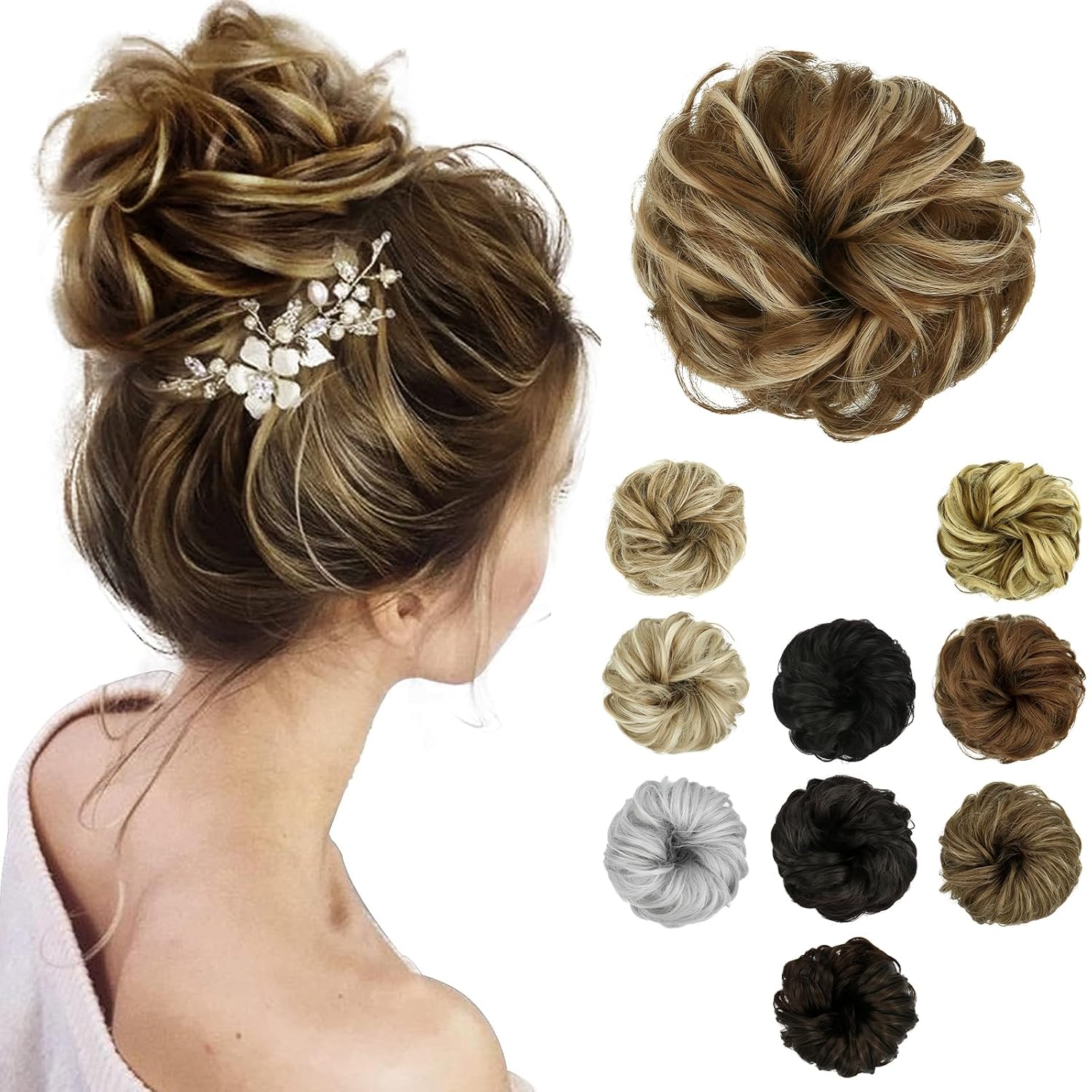 1PSC – Moño desordenado, moño falso, moño humano para mujer, moño desordenado, cola de caballo, extensiones de moño rizado para mujer, moño con clip