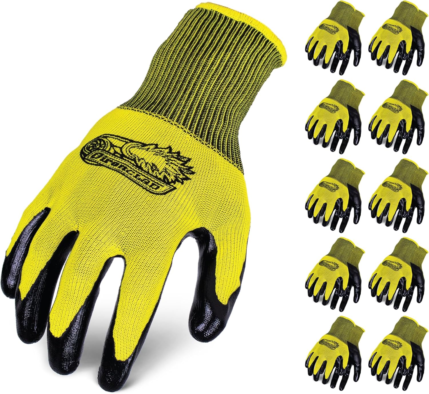 Ironclad OCTANE Turbo – Paquete de diez guantes de trabajo con revestimiento de nitrilo (10 pares), talla L (R-TRB10-04-L) amarillo