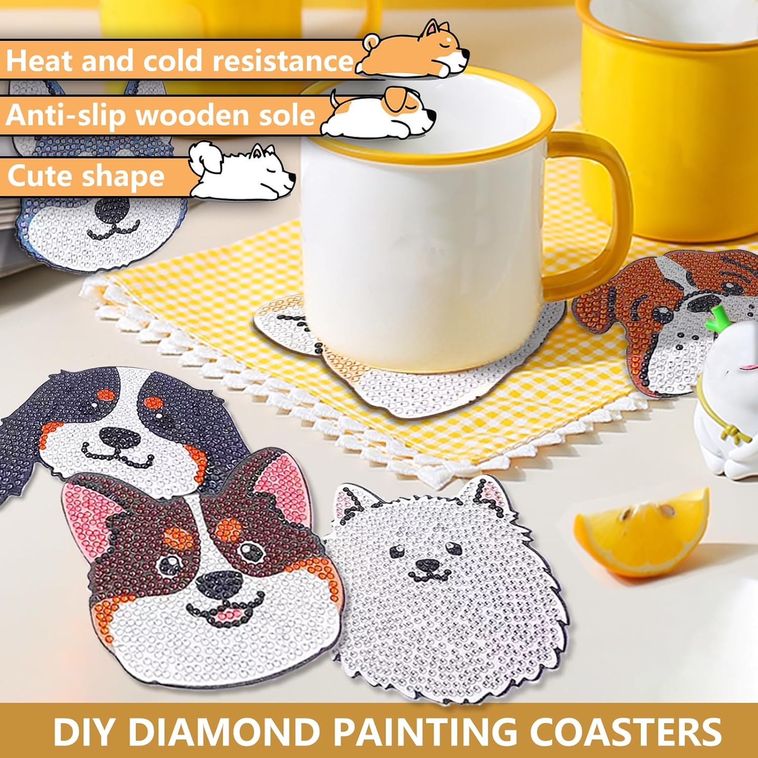 8 posavasos de pintura de diamante en forma de perro para bebidas, kits de pintura de diamantes para perros de mascotas con soporte, posavasos de