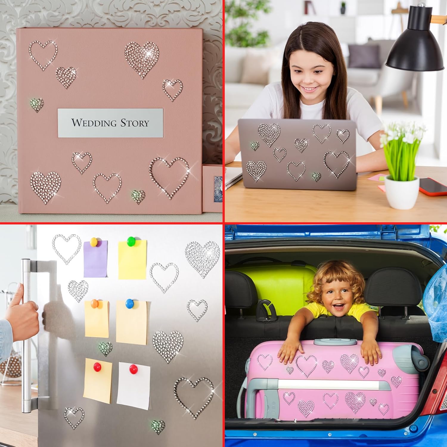 4 hojas autoadhesivas de corazón con purpurina y diamantes de imitación para el día de San Valentín, Navidad, decoración de manualidades, ventana de