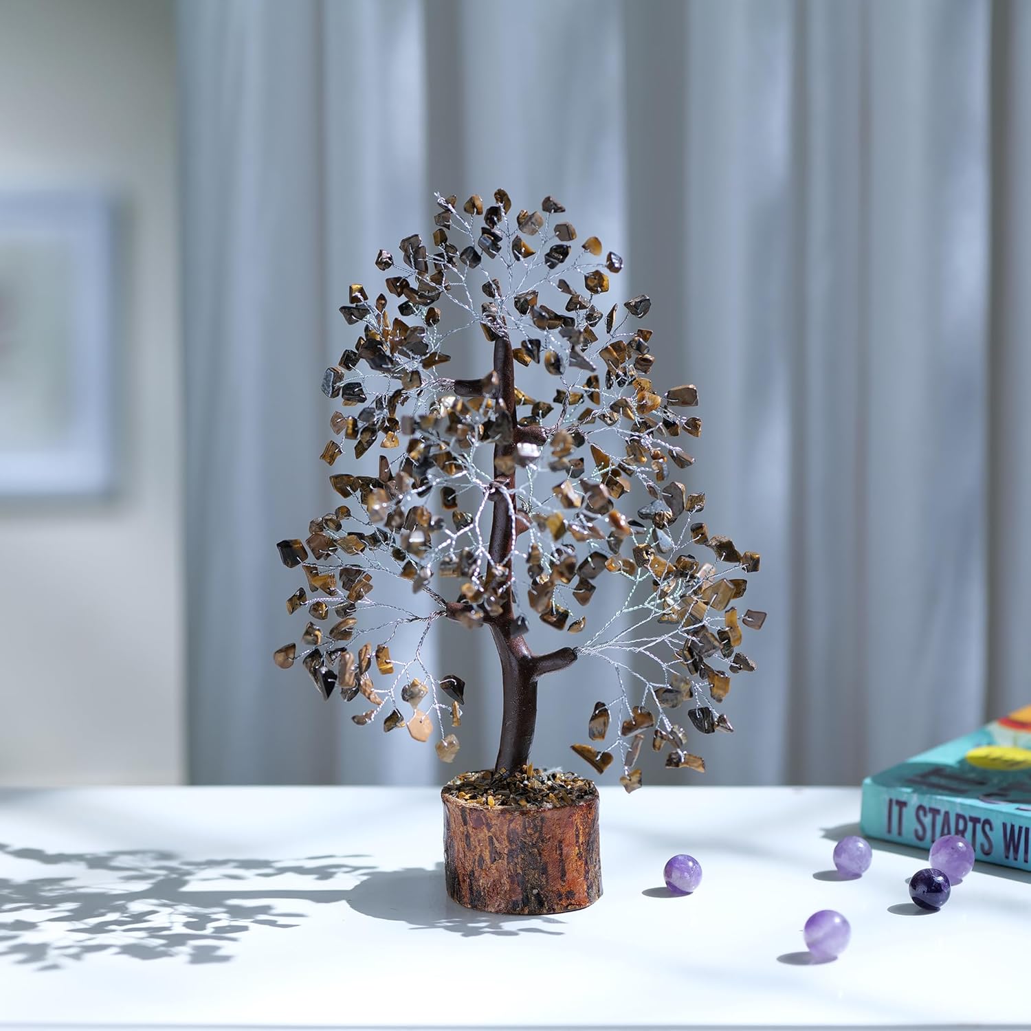 PYOR – Árbol de cristales de ojo de tigre, piedra curativa, positiva, regalo hippie, árbol de gemas, de dinero de cristal, de buena suerte, de