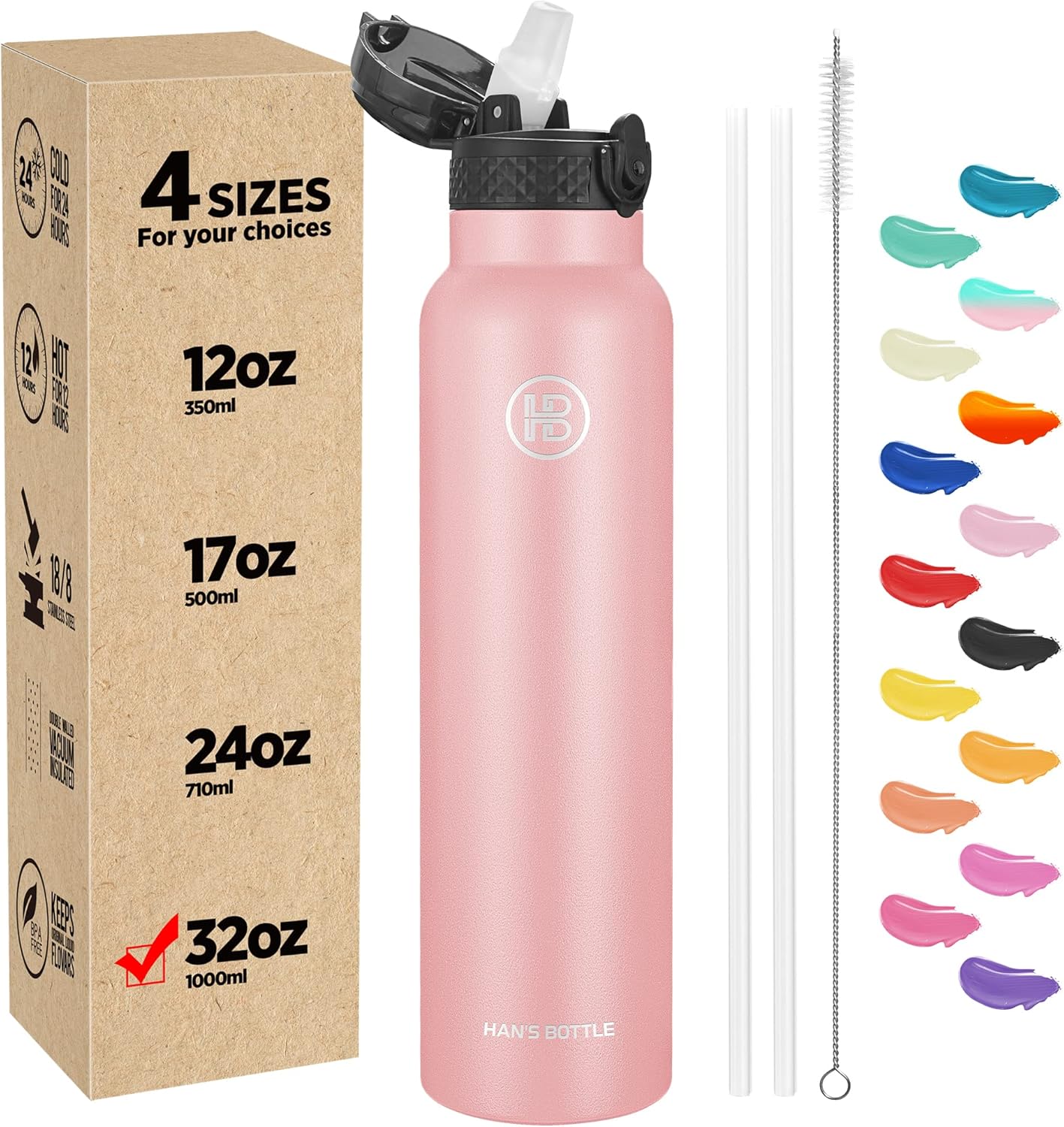 Han’s Bottle Botella de agua deportiva de 32 onzas, tapa con pajilla, a prueba de fugas, acero inoxidable aislado al vacío, doble pared, taza