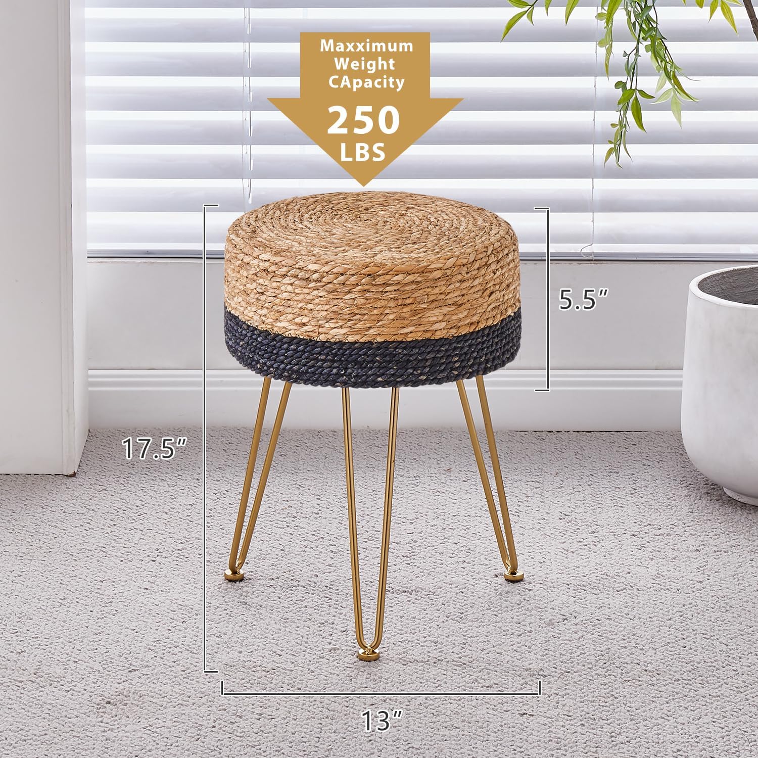 Cpintltr Natural Seagrass – Pufs de tejido a mano, taburete otomano de terciopelo, taburete otomano redondo con patas de metal para sala de estar,