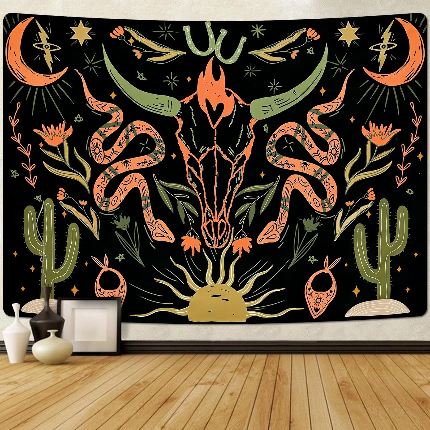 Uspring Tapiz de calavera de vaca, tapiz de serpiente trippy, tapiz estético con plantas florales, cactus y sol, luna, estrellas, tapiz vintage de