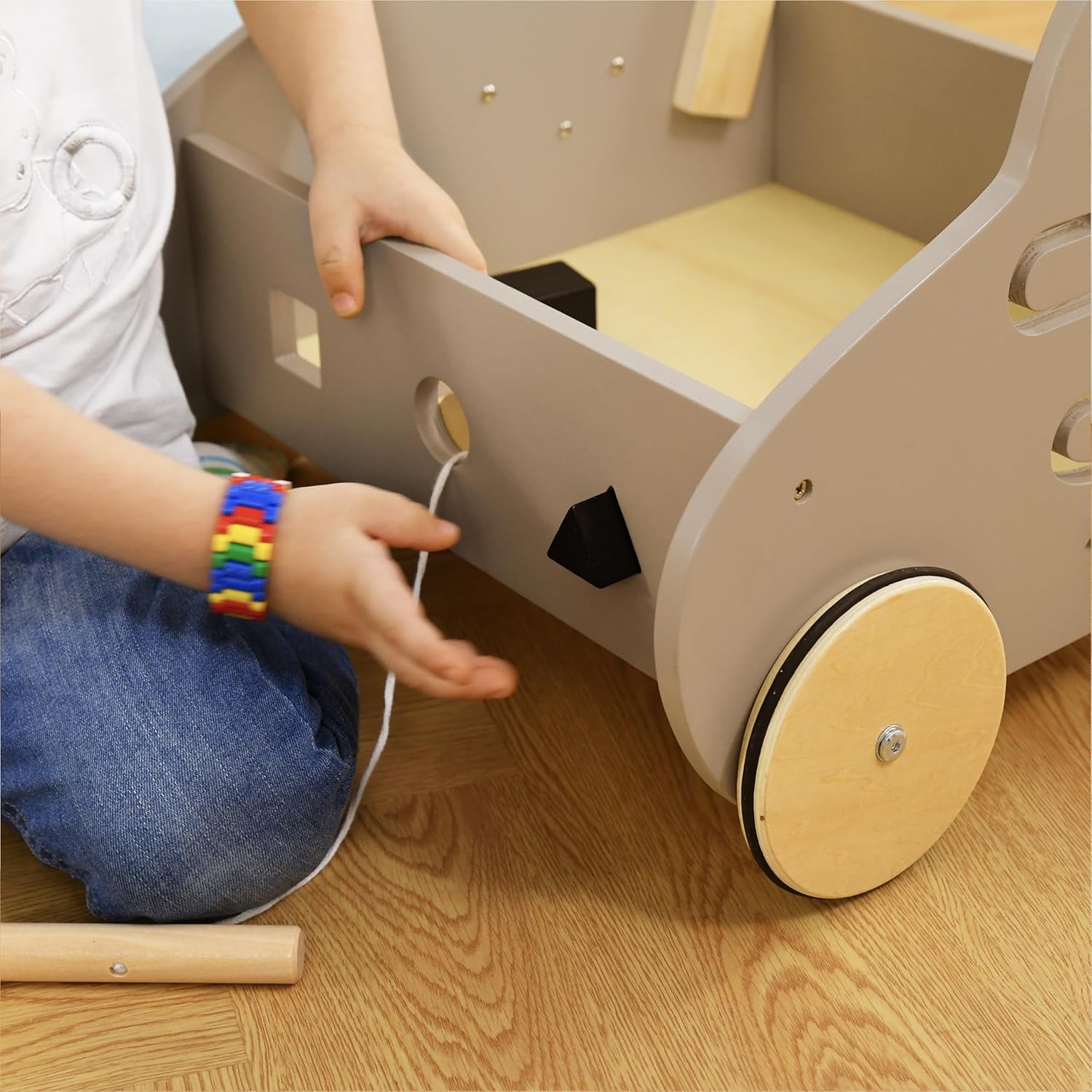 Andador de madera para bebés con ruedas  Andador de bebé con ruedas y asa, juguete educativo de madera para empujar y jalar, carro de actividad
