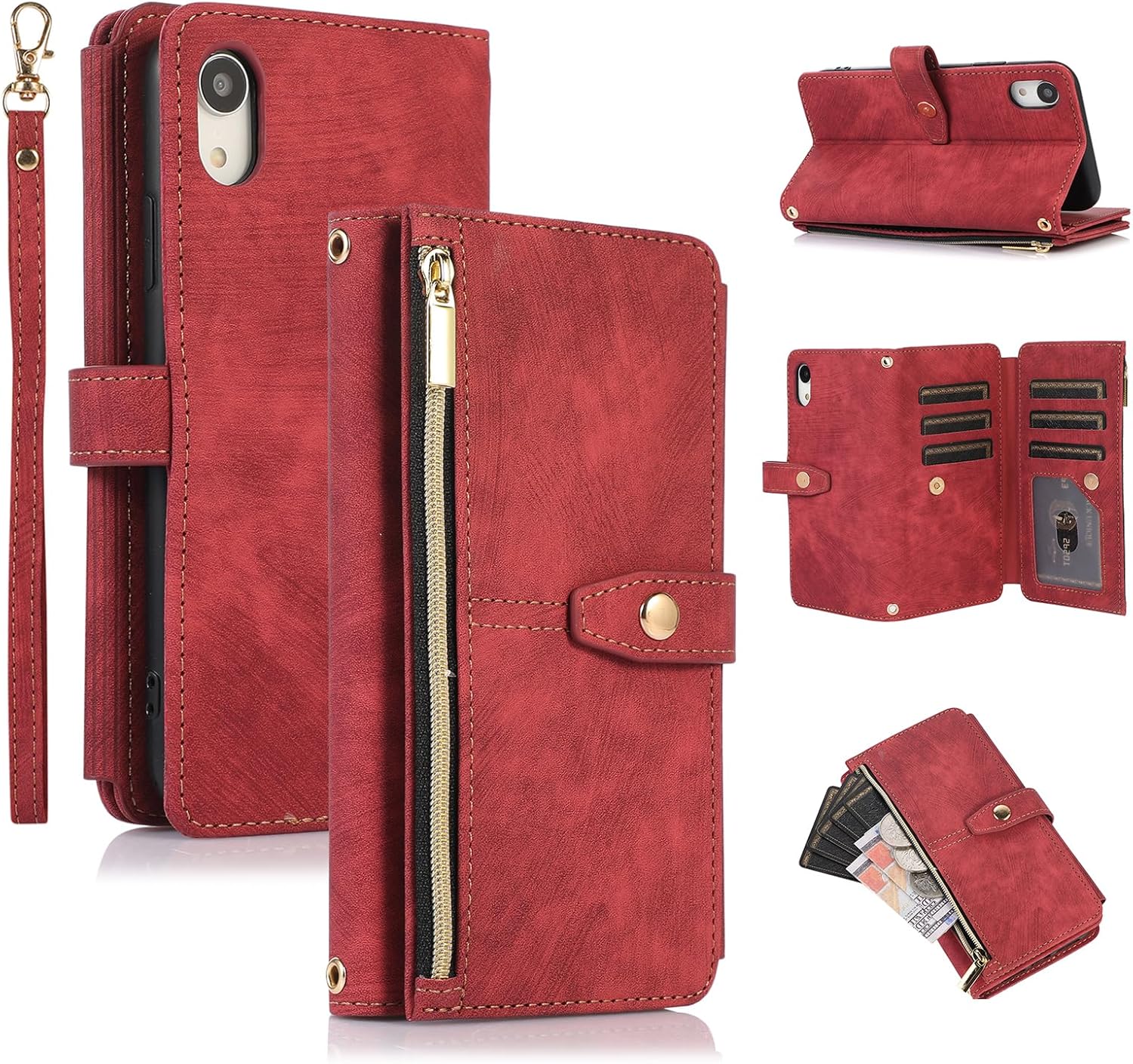 UEEBAI Funda para iPhone XR, 9 ranuras para tarjetas, cartera de cuero retro, a prueba de golpes, con correa de mano, ranuras para tarjetas,