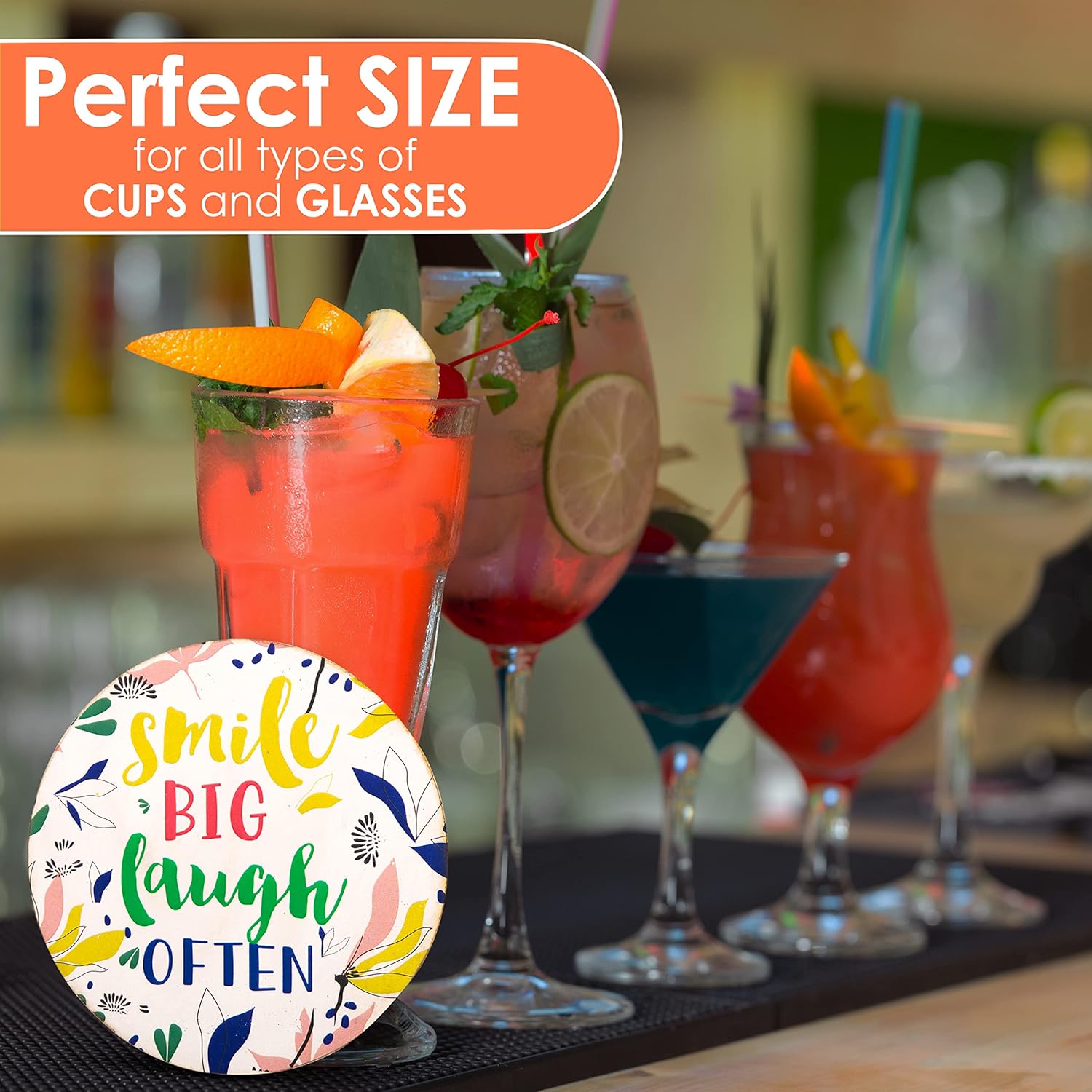 Good vibes – Juego de 8 posavasos para bebidas, base de corcho absorbente para protección de mesa, hecho de madera de ingeniería, ideal para