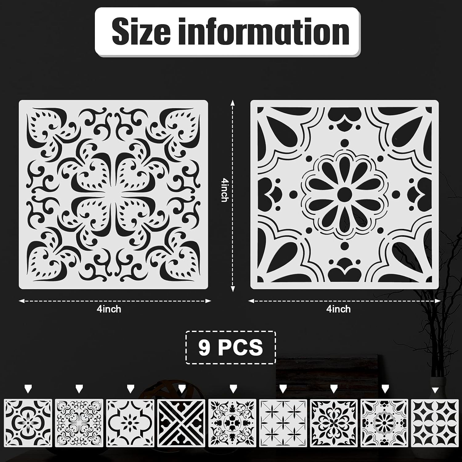 9 plantillas de pintura de piso, plantillas de azulejos grandes, plantillas de dibujo de pared, kit de plantillas de piso en 9 estilos para pintar