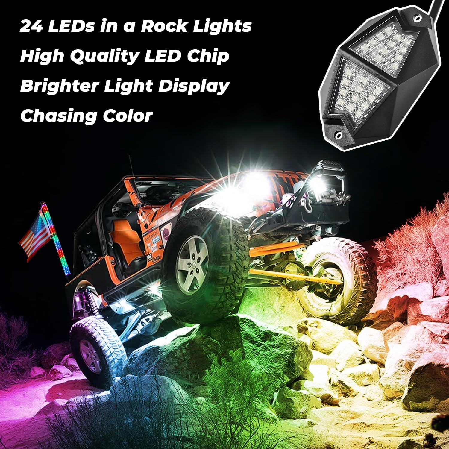 Kit de 2 luces de látigo gordo de 2 pies y 8 cápsulas RGB de luces de roca con Bluetooth y control remoto en espiral de 360  con antena iluminada LED