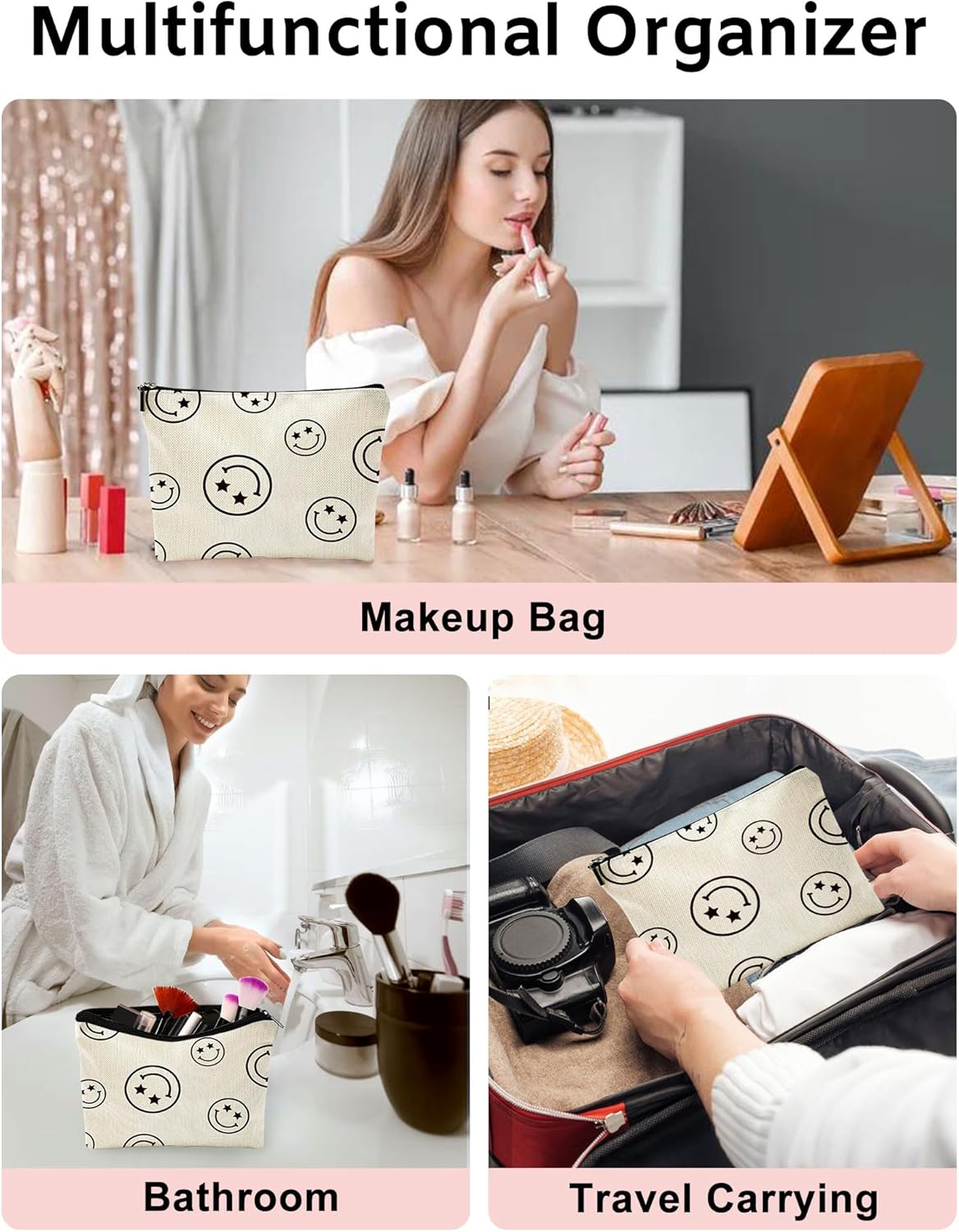 Lamtwbos Bolsa de maquillaje para bolso, bolsa organizadora de cosméticos de viaje de lino, bolsa de aseo con cremallera, bolsa de almacenamiento