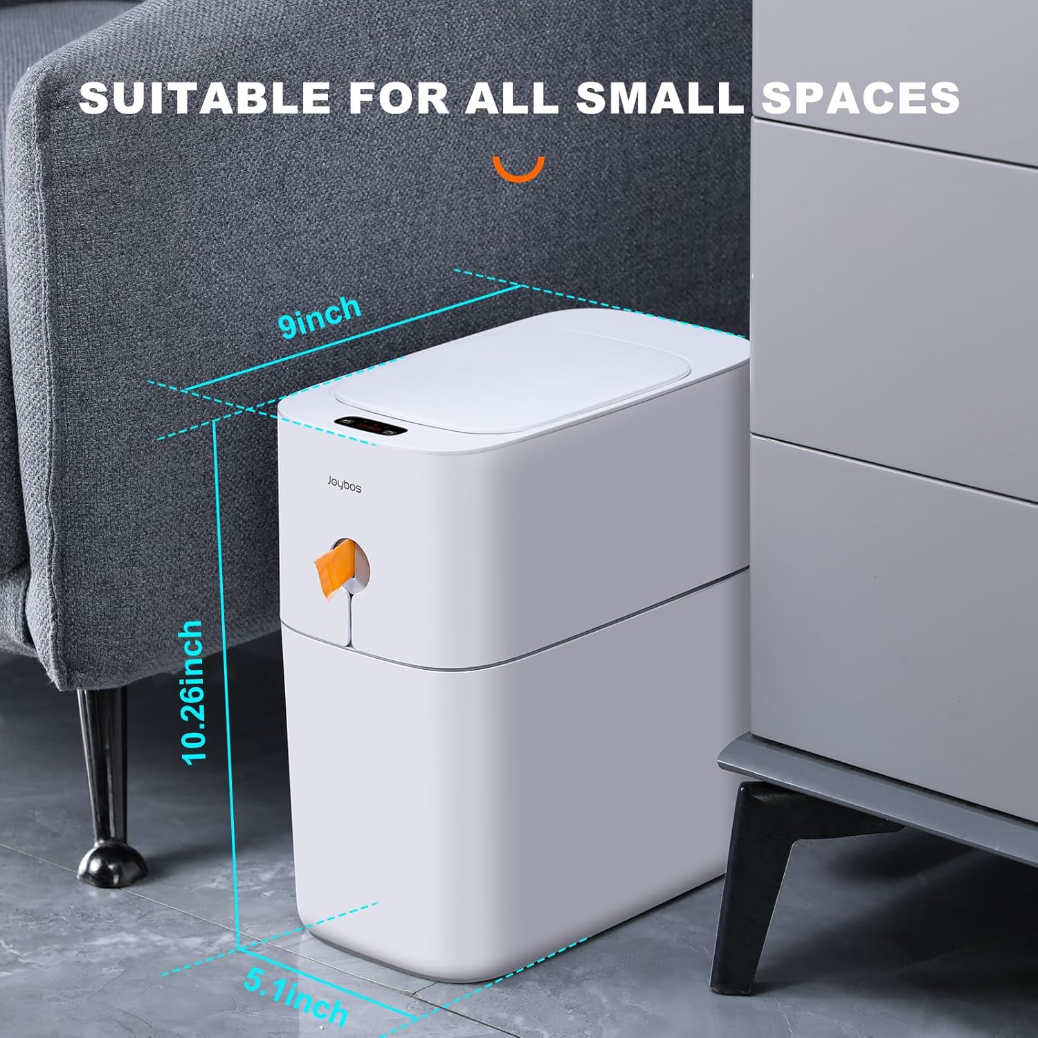 MOPUP Basurero de baño pequeño automático de 3.5 galones, con sensor de movimiento delgado, de plástico, estrecho, para dormitorio, oficina, casa
