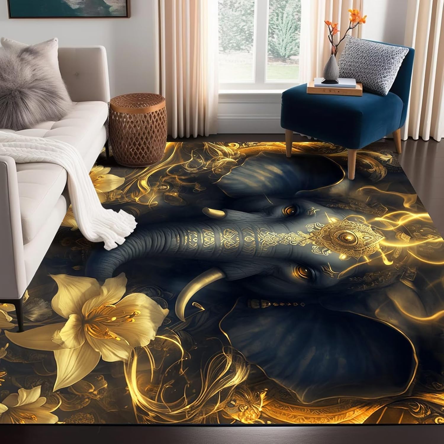 Alfombra de elefante africano, alfombra de flores doradas opulentas para sala de estar, dormitorio, oficina, antideslizante, lavable, tapete para