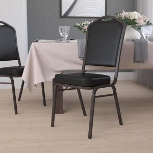 BizChair Silla de banquete apilable con respaldo de corona en vinilo negro – Marco de vena dorada BizChair Silla de banquete apilable con respaldo de corona en vinilo negro – Marco de vena dorada