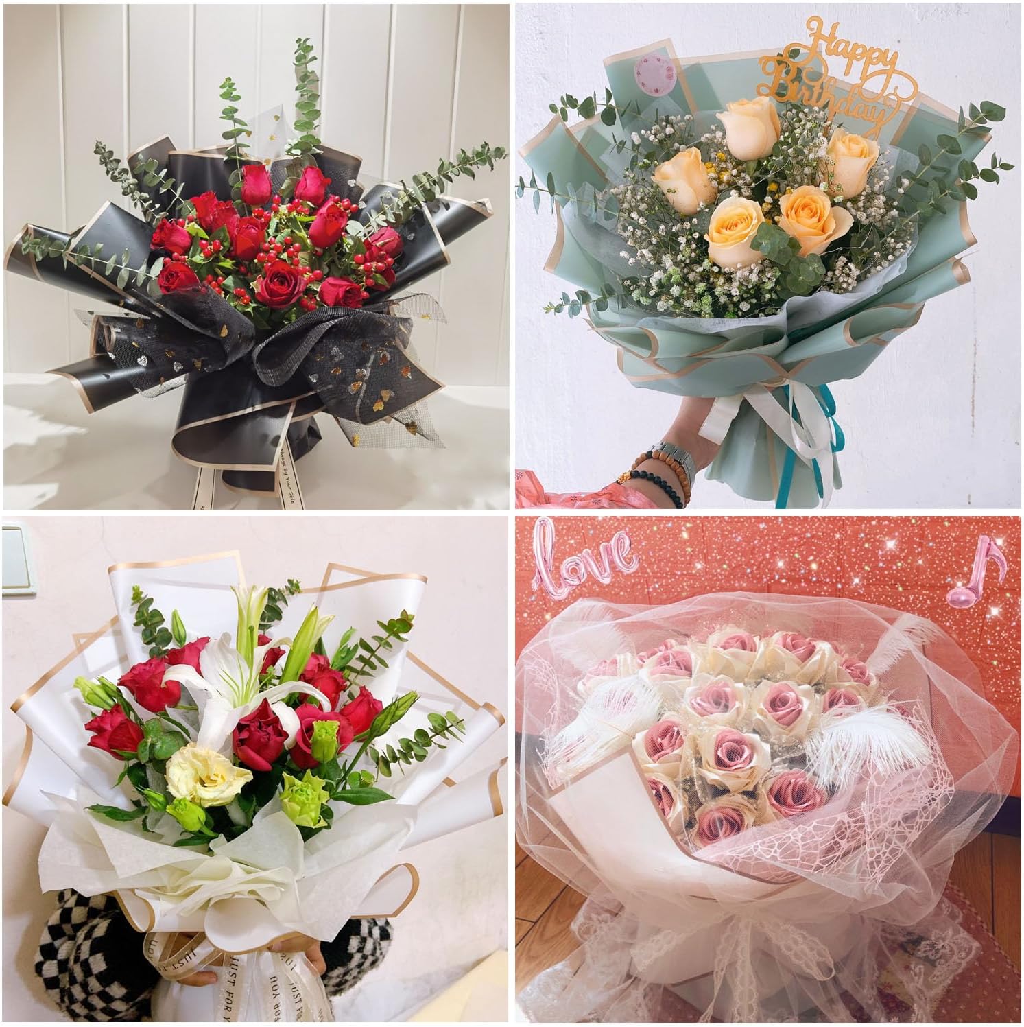 eageus 20 hojas de papel de regalo floral, papel de embalaje de ramo de flores impermeable con borde dorado de doble cara, suministros de embalaje