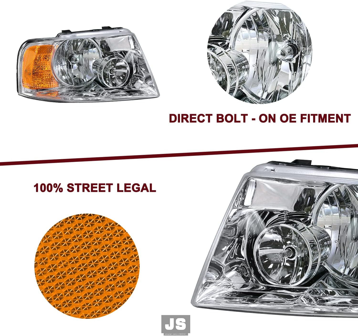 JSBOYAT Conjunto de faros delanteros con bombillas de repuesto para Ford Expedition 2003-2006 lado del pasajero y del conductor, carcasa cromada con