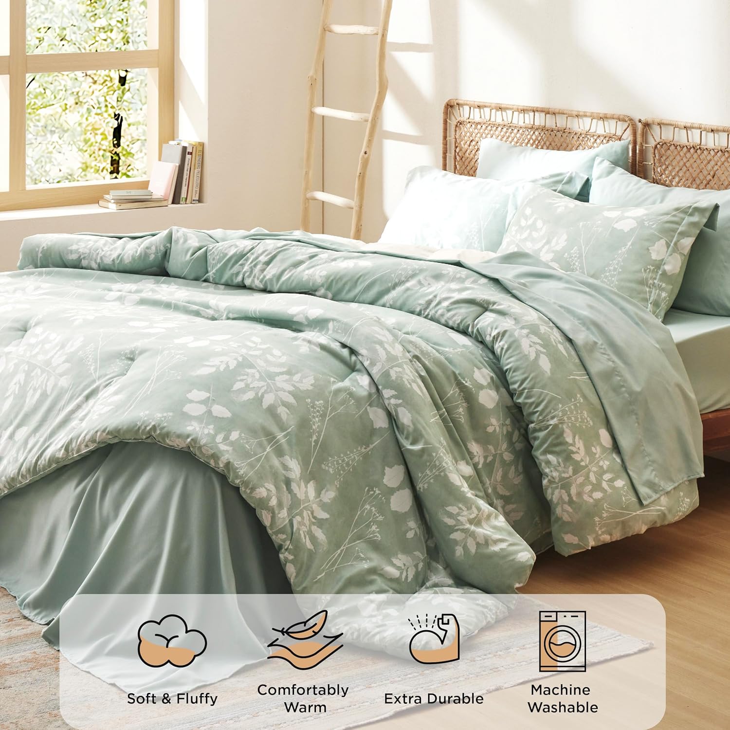 Bedsure Juego de edredón Queen  7 piezas de ropa de cama floral verde salvia en una bolsa con edredón reversible de flores botánicas, sábanas,