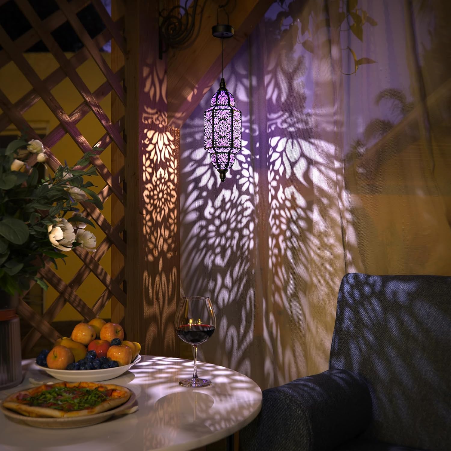 Paquete de 2 luces solares colgantes para jardín, farol solar decorativo para exteriores, impermeables, de metal, marroquí, decoraciones al aire