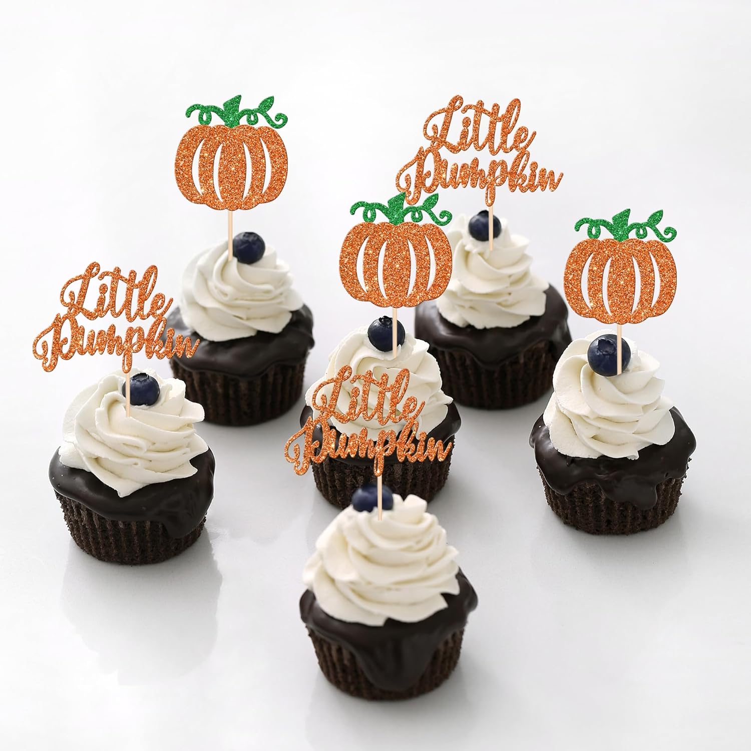 24 adornos para cupcakes de calabaza con purpurina para baby shower, temática de otoño, decoración de cupcakes de calabaza para cosecha de Acción de