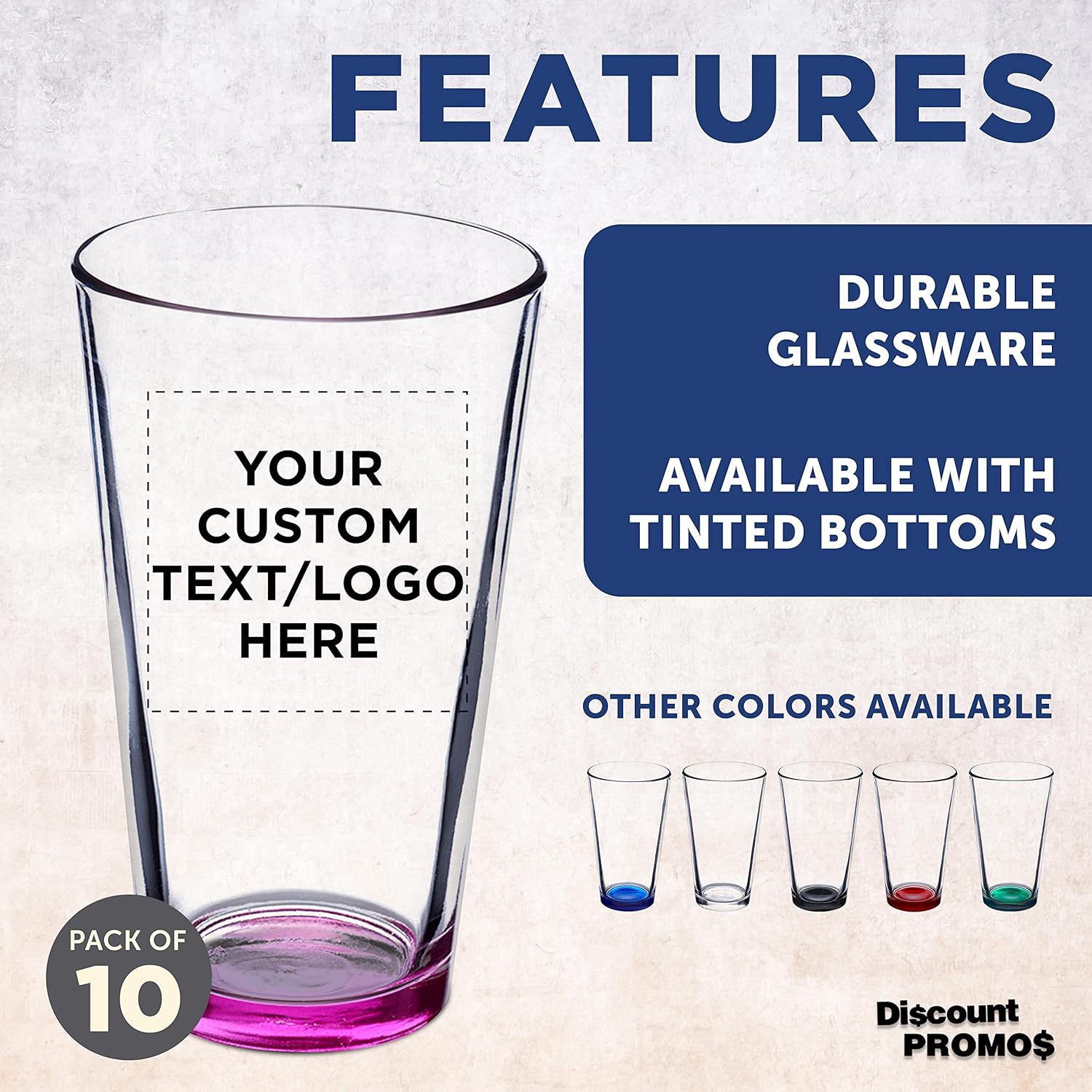 DISCOUNT PROMOS Juego de 10 vasos de cerveza personalizados de 16 onzas, paquete a granel personalizado, cristalería resistente para restaurantes,