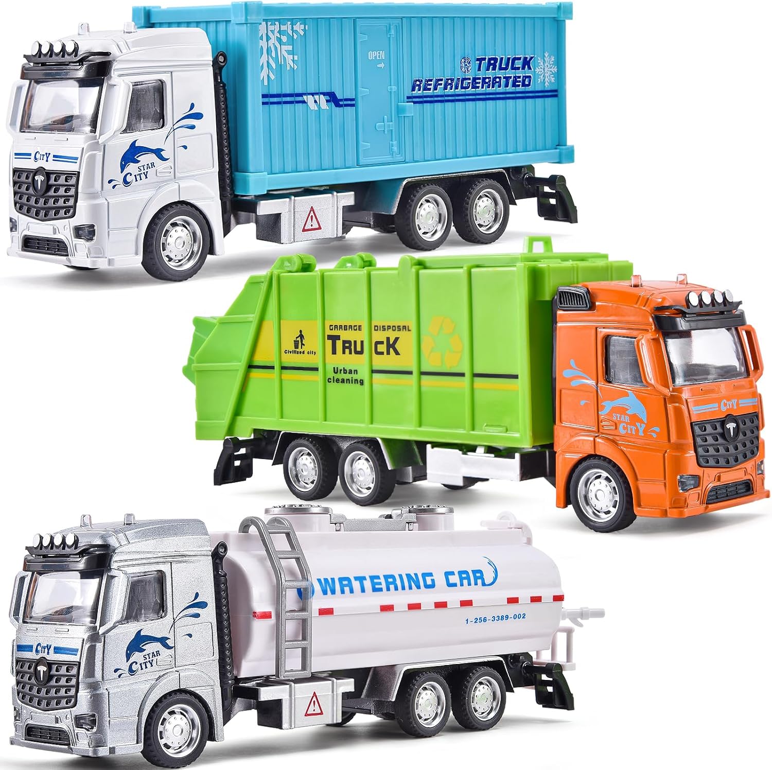 Tacobear Paquete de 3 camiones fundidos a presión, vehículos de transporte para niños y niños, camión de basura, camión rociador, camión
