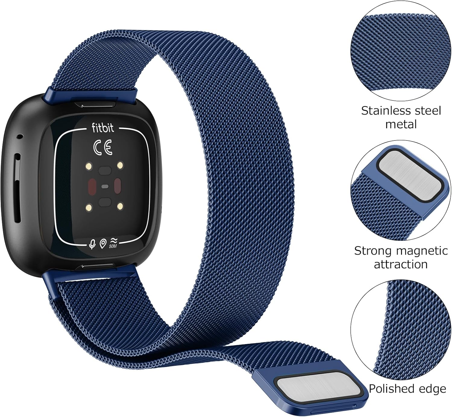 Vanjua Correa de metal para Fitbit Sense 2  Sense Bands, Fitbit Versa 4  Versa 3 bandas para mujeres y hombres, correa de repuesto magnética de