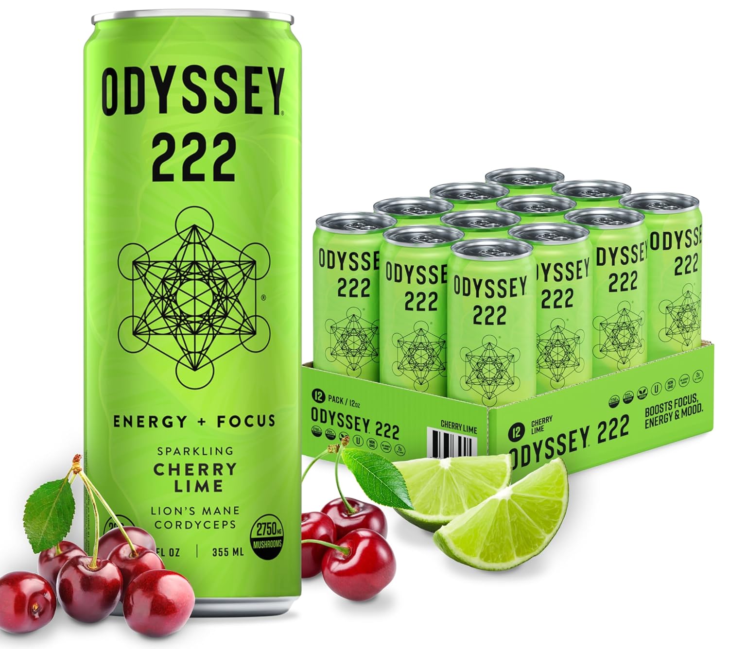 Odyssey – Bebida energética 222, preentrenamiento, 222 mg de cafeína, bebidas energéticas limpias, L teanina, melena de león, cordyceps y té verde