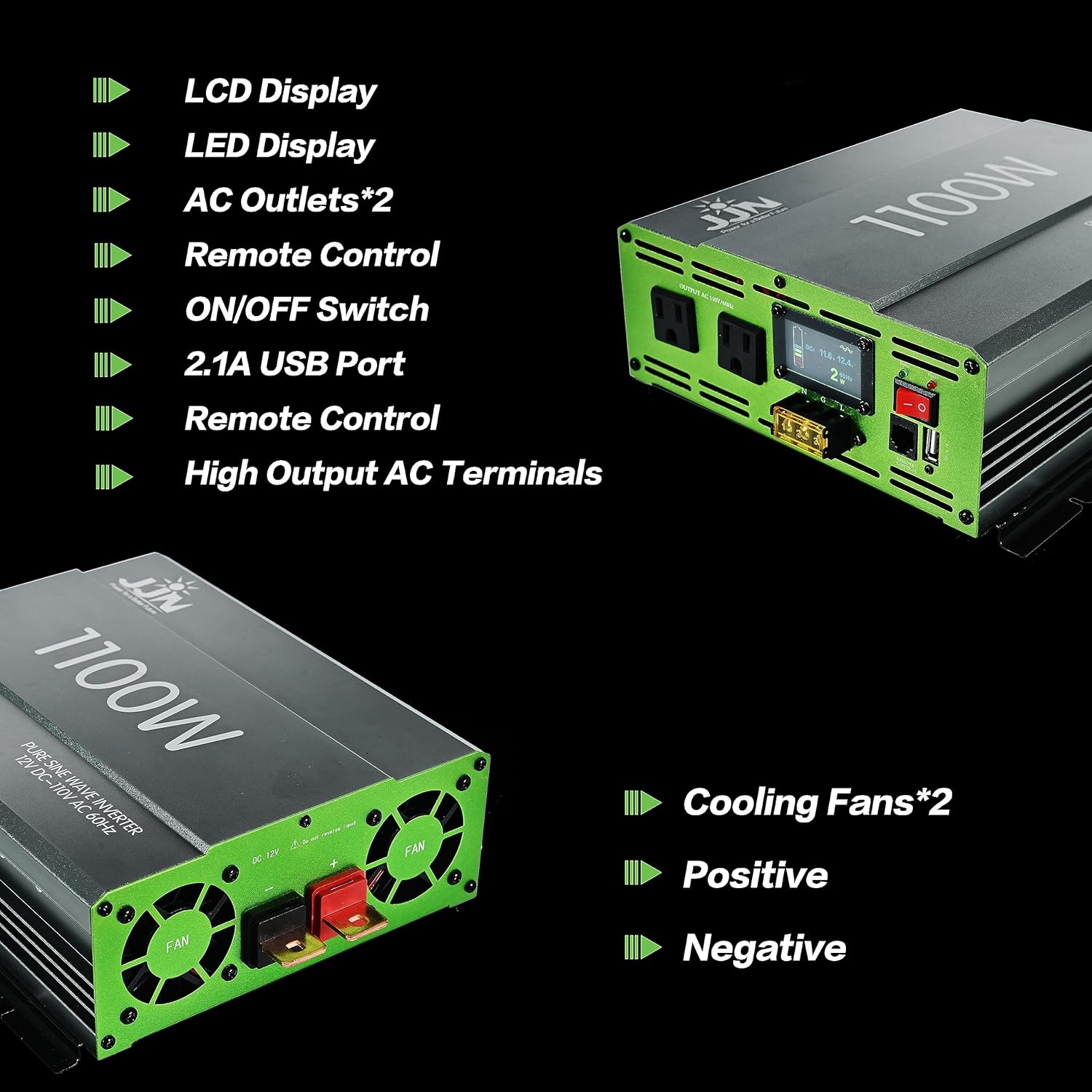 Inversor de onda sinusoidal pura de 1100 W, CC 12 V a CA 110 V120 V, convertidor con pantalla digital LCD, control remoto con cable, inversor de